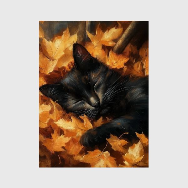 Black Cat in Leaves Block