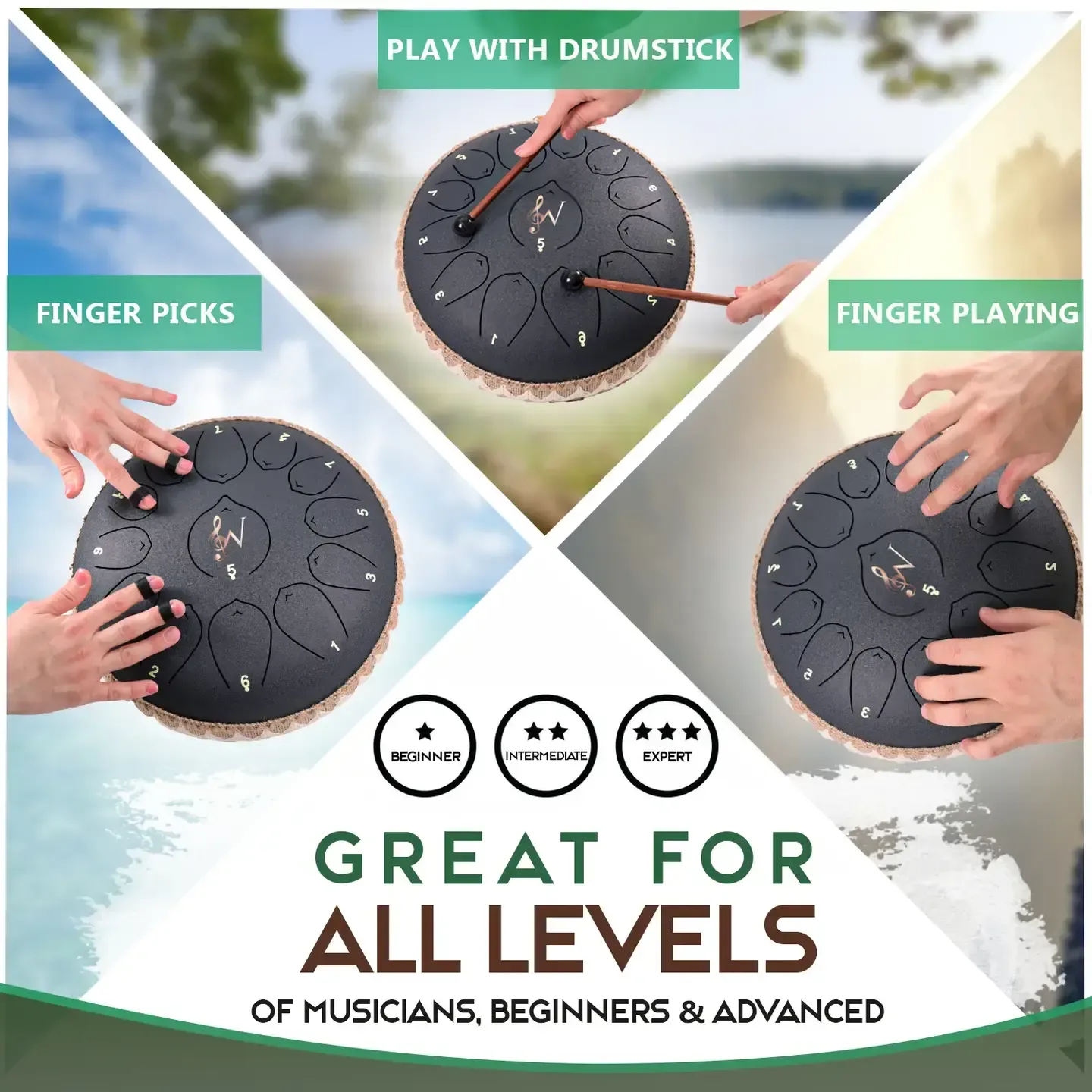 12-Inch Steel Tongue Drum - 13 Notes - Rain Drum - Malachite