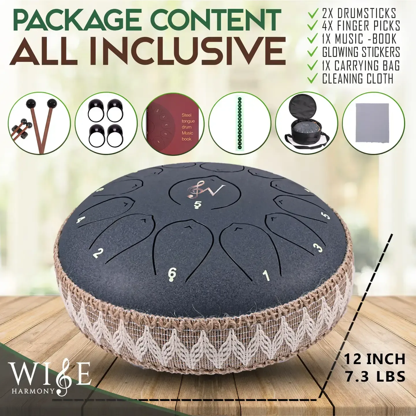 12-Inch Steel Tongue Drum - 13 Notes - Rain Drum - Malachite