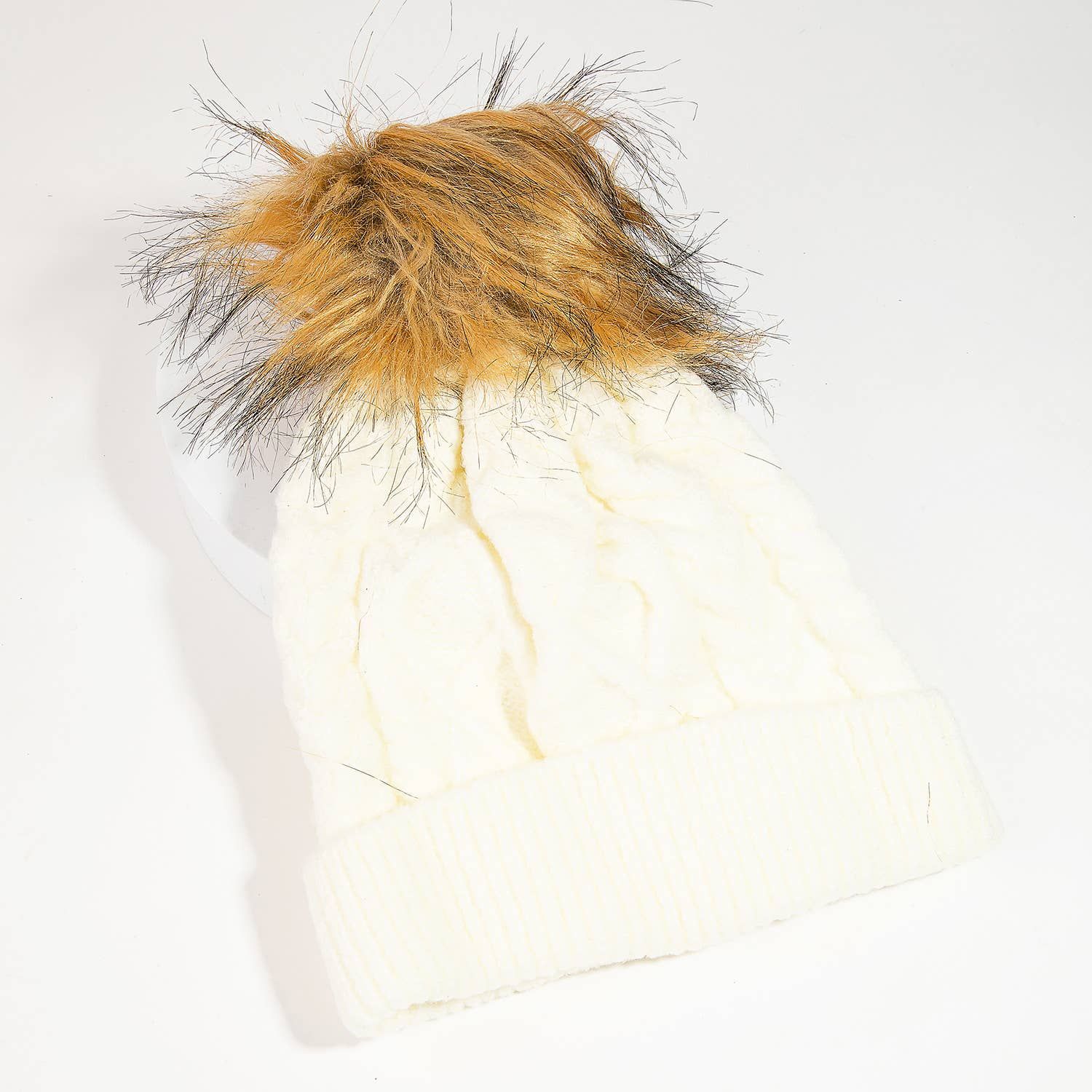 Cable Knit Fuzzy Pom Beanie