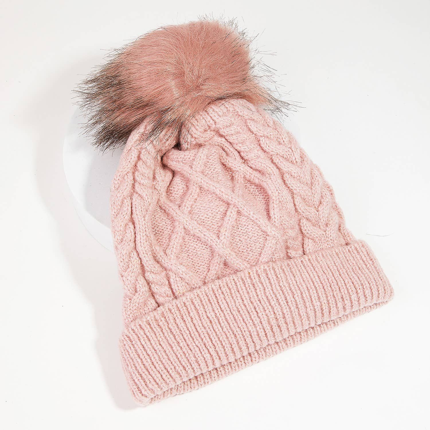Cable Knit Fuzzy Pom Beanie, Color: MV