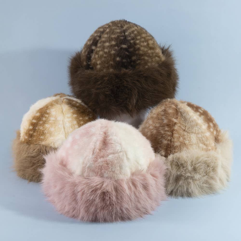 Deer Fawn Print Marled Fur Trim Bucket Hat