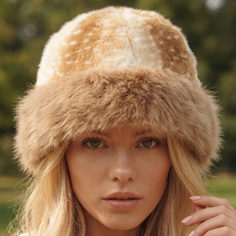 Deer Fawn Print Marled Fur Trim Bucket Hat, Color: LBR