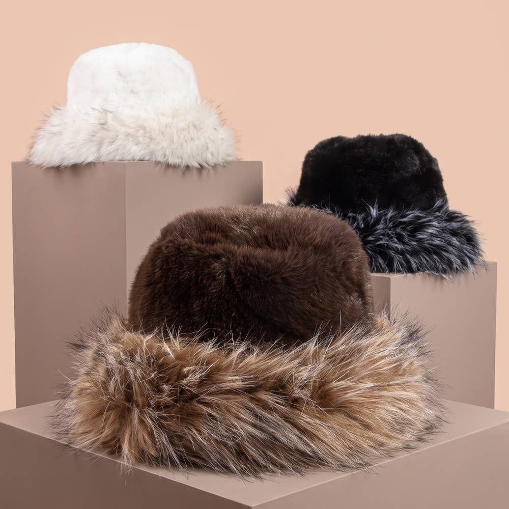Plush Bucket Hat With Frosted Fur Trim