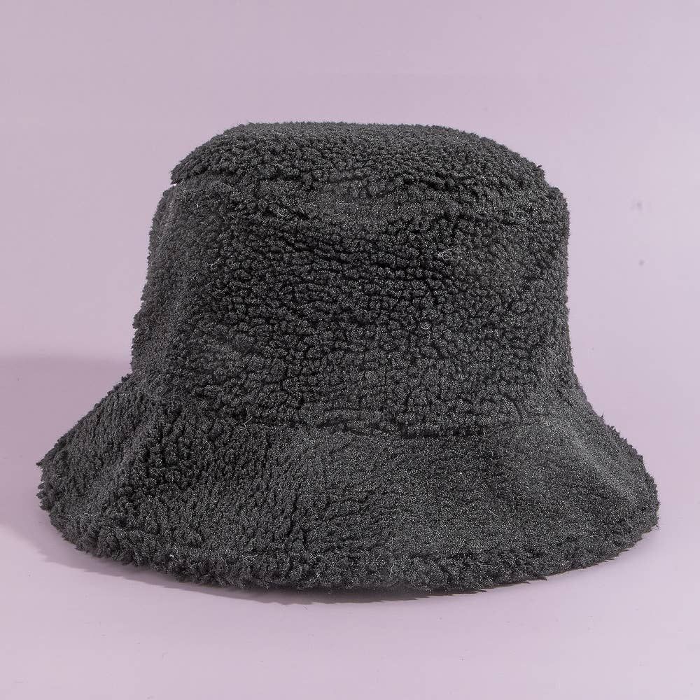 Solid Sherpa Teddy Fleece Bucket Hat, Color: BK