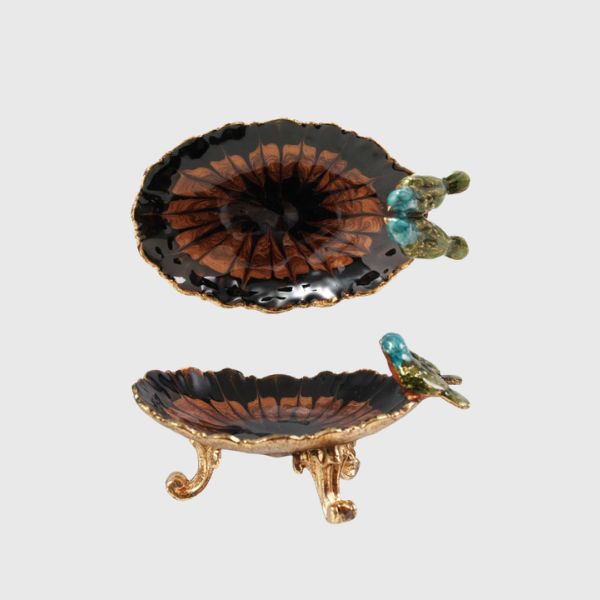 Enameled Metal Footed Jewelry Dish w 3D Birds, Gold Finish