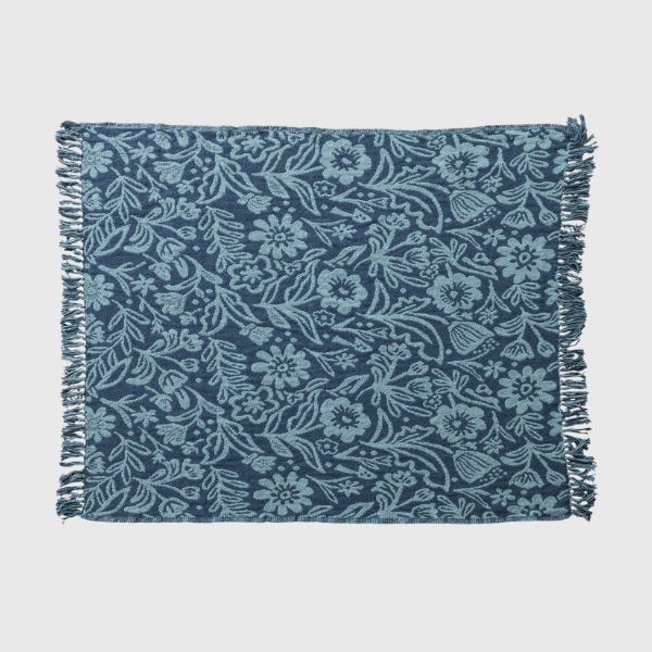 Woven Recycled Cotton Blend Throw w Floral Pattern &amp; Fringe - Blue