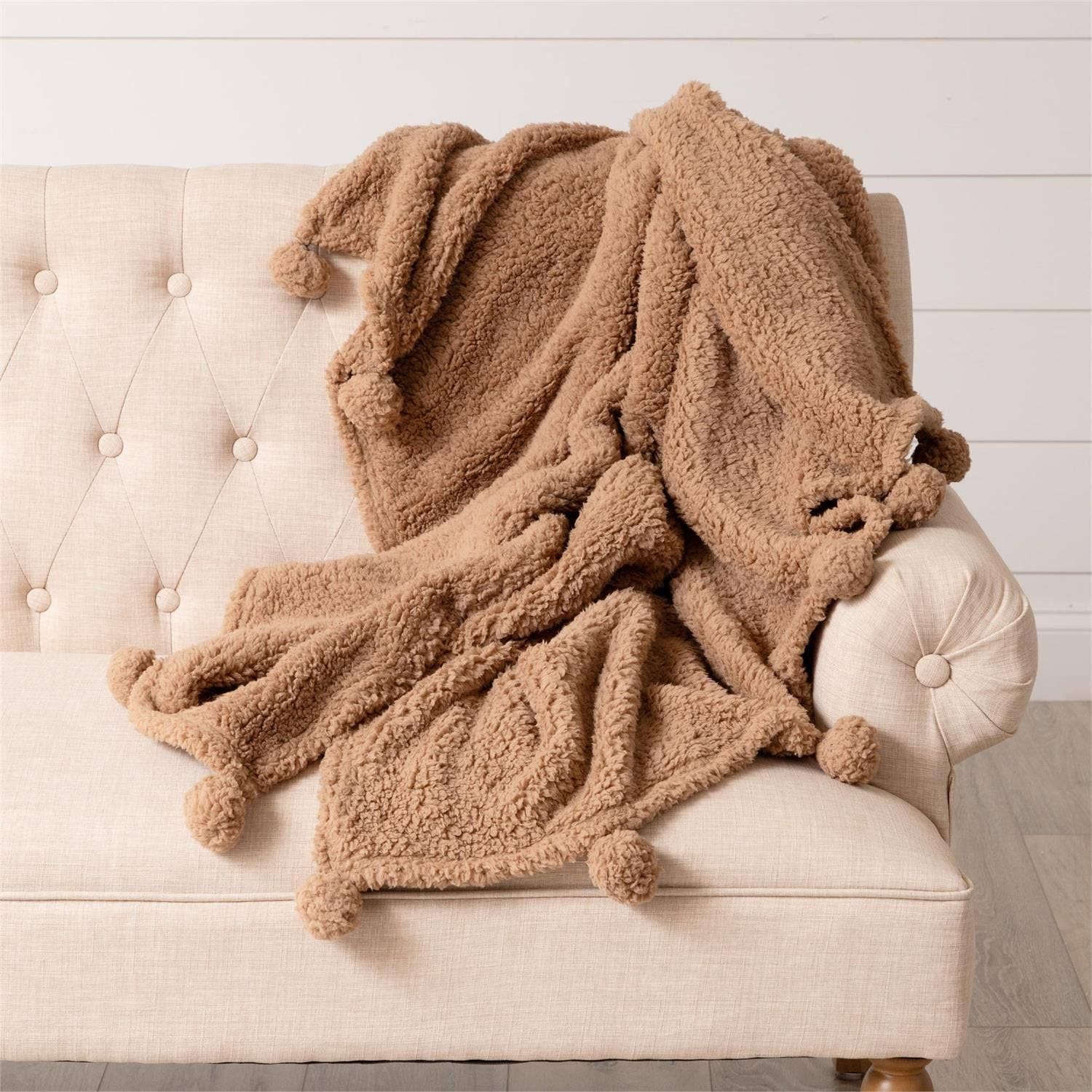 Dreamy Taupe Sherpa Throw With Pom Poms