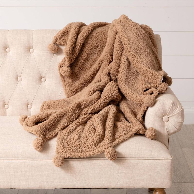 Dreamy Taupe Sherpa Throw With Pom Poms