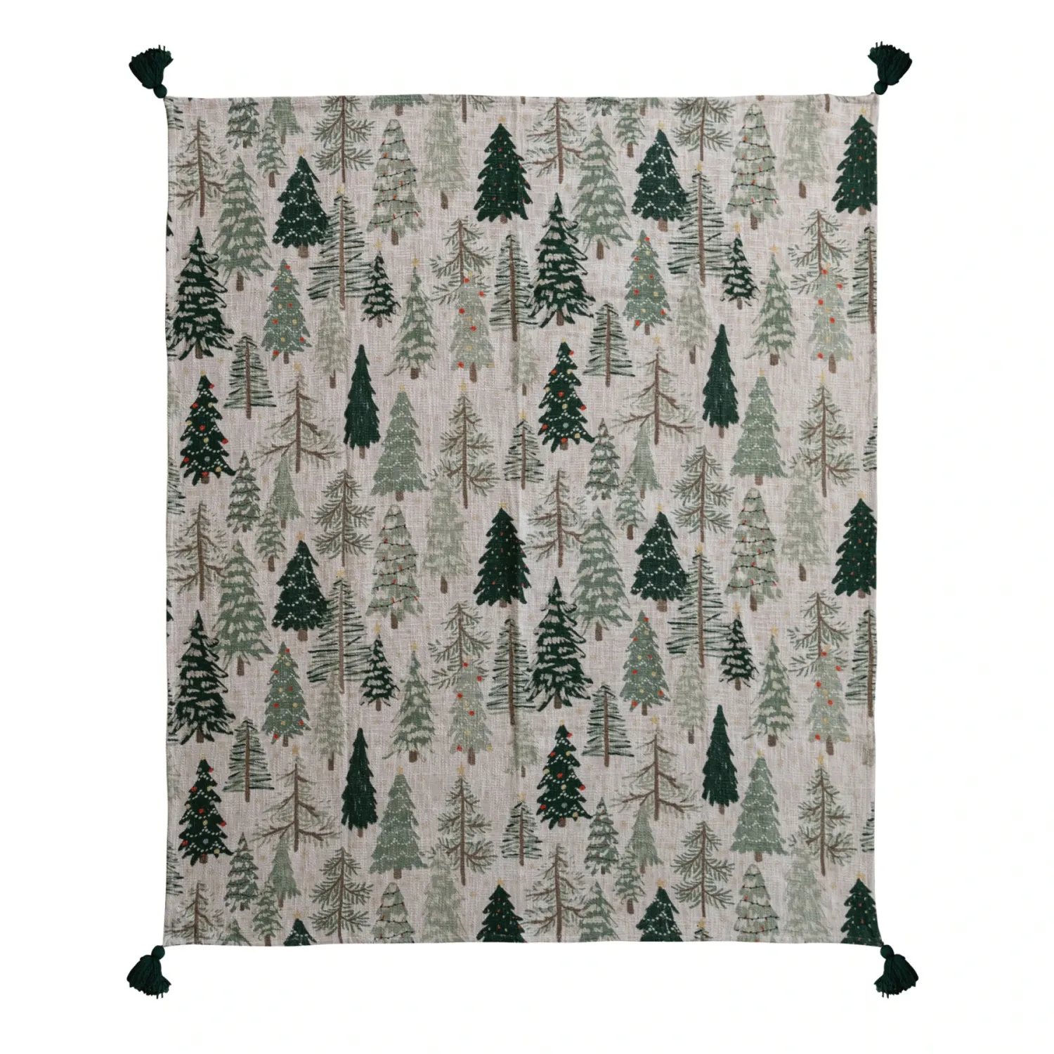 Cotton Printed Throw with Tree Pattern &amp; Tassels