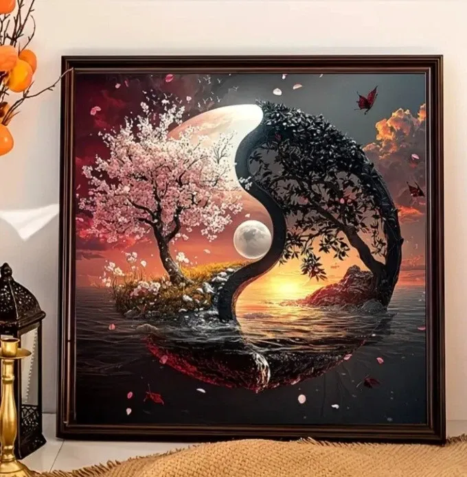 Diamond Painting Yin Yang Baum 30x30 cm – DIY Diamantbild Set Meditation Deko