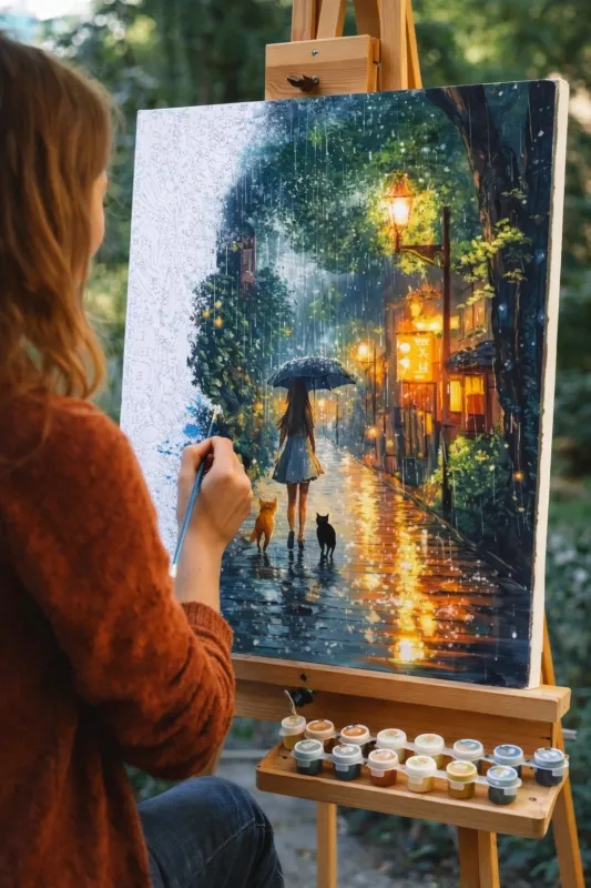 Malen nach Zahlen – Regen Szene 50×40 cm – DIY Leinwand Set inkl. Farben