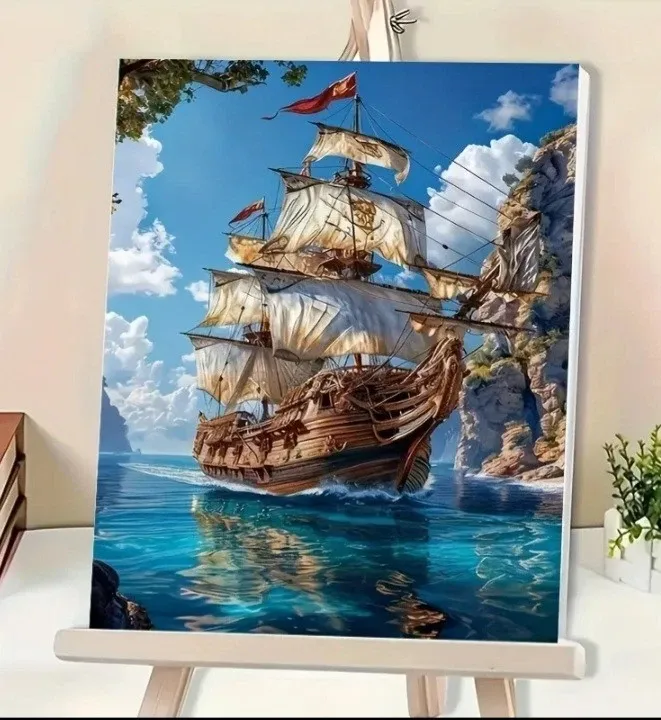 Malen nach Zahlen – „Segelschiff“ | 50×40 cm | DIY Leinwand Set