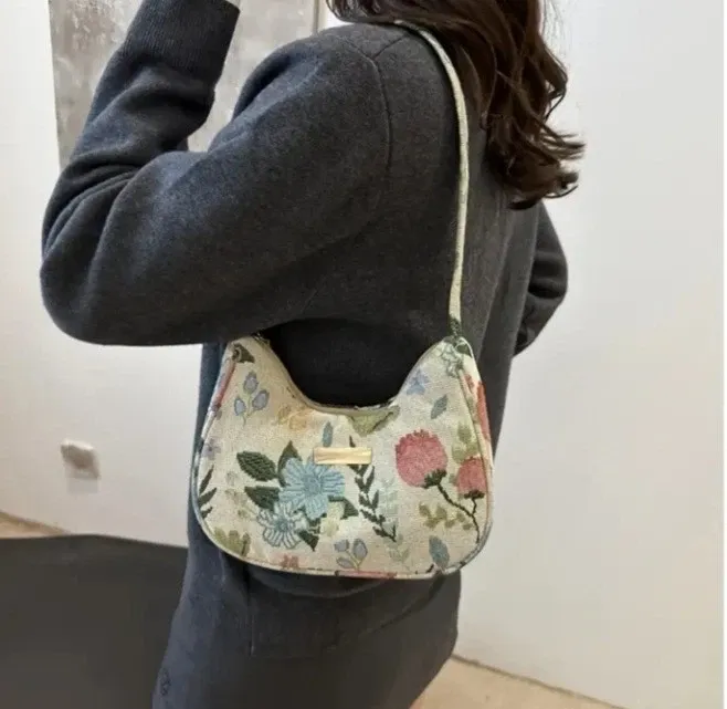 Vintage Damen Handtasche Blumenmuster auf hellem Kordsamt 23,5cm