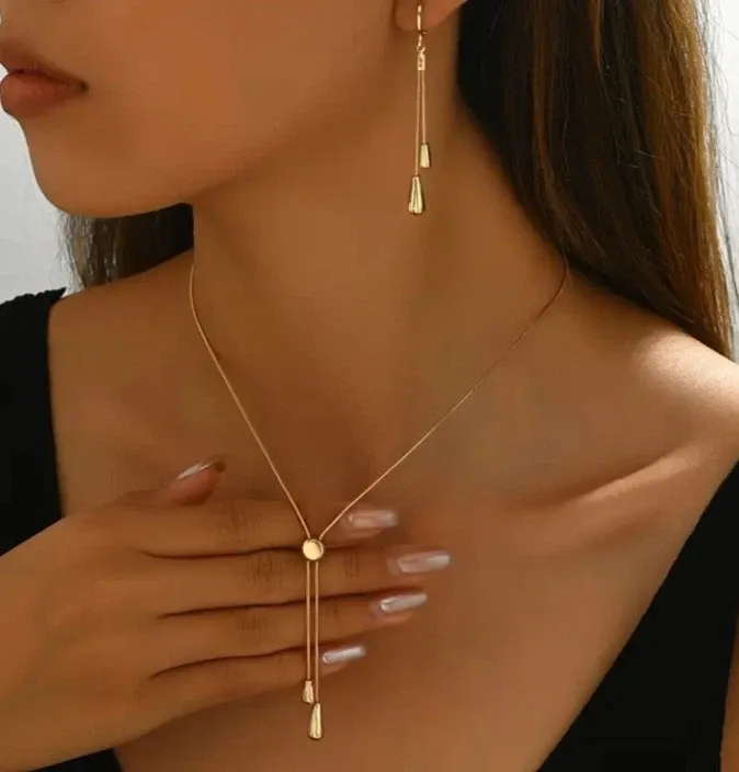 Schmuckset 18K vergoldet – Halskette & Ohrringe – Y-Kette mit Tropfen Anhänger