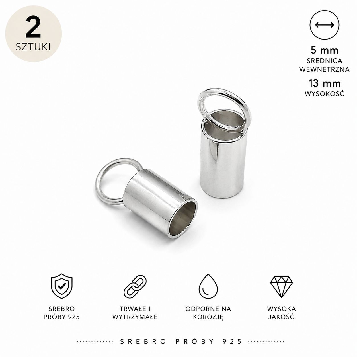 Końcówki do rzemieni 5 mm – srebro próby 925 – 2 szt.