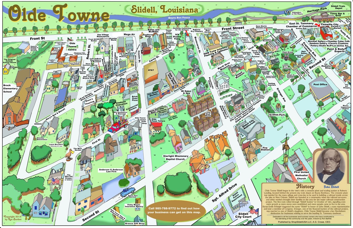24" X 36" Full Color Caricature Rendering of Historic Olde Towne Slidell, LA