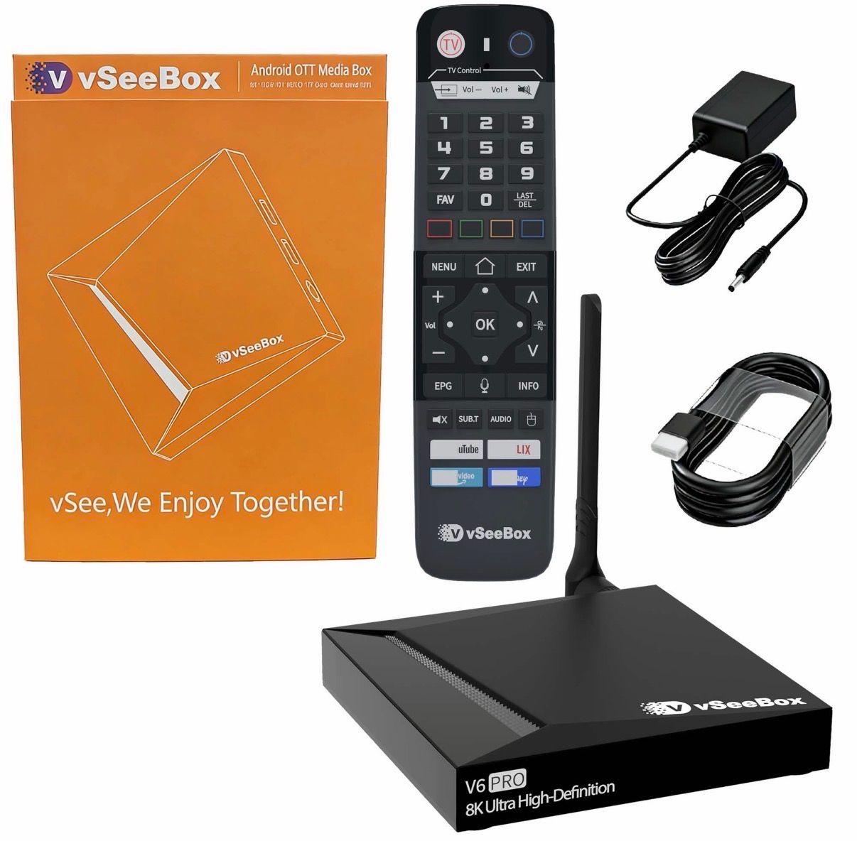 V6 Pro media player, remote, and accessories