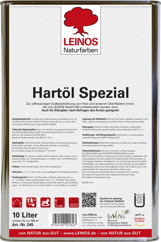 Leinos Hartöl spezial 245 
für innen, farblos 10,0 l