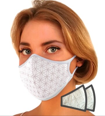 Flower of Life White w/Silver Motif. Face Mask Replaceable Filter.