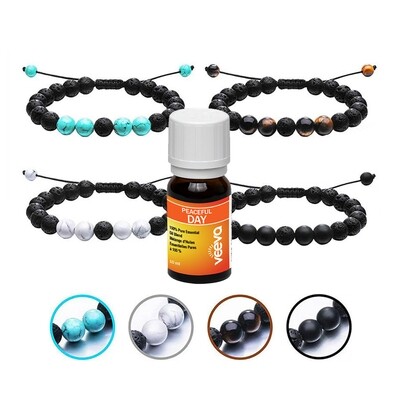 Personal Aromatherapy Lava Stone Bracelet with Peaceful DAY Essential Oil Blend (4 models)