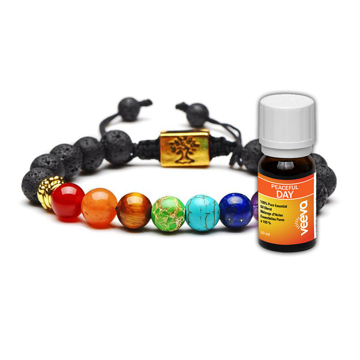 7 Chakra & Lava Stones Personal Aromatherapy Bracelet with Peaceful DAY Essential Oil Blend (2 models)