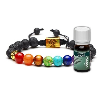 7 Chakra &amp; Lava Stones Personal Aromatherapy Bracelet with Peaceful NIGHT Essential Oil Blend (2 models), Choose a bracelet: Gold Colour Tree of Life