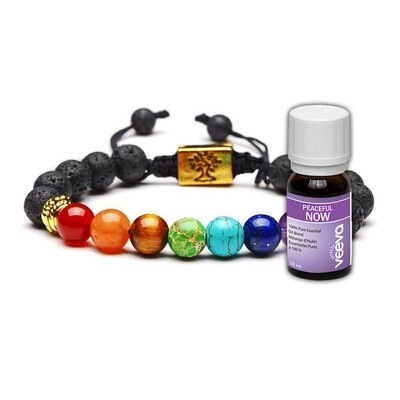 7 Chakra &amp; Lava Stones Personal Aromatherapy Bracelet with Peaceful NOW Essential Oil Blend (2 models), Choose a bracelet: Gold Colour Tree of Life