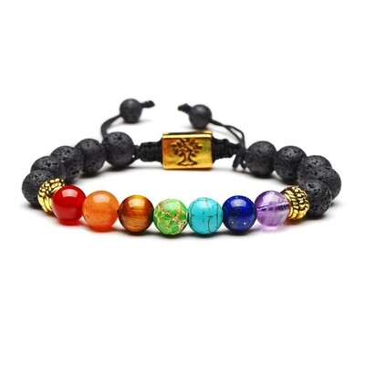 7 Chakra &amp; Lava Stones Tree of Life Personal Aromatherapy Bracelet (2 models), Choose a bracelet: Gold Colour Tree of Life