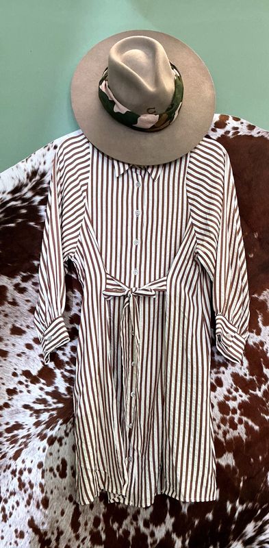Women’s Brown &amp;White Stripe Puff Sleeve Botton Down Dress
