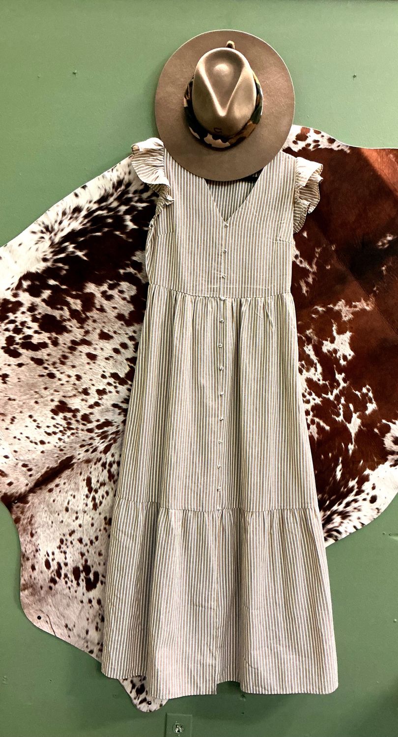 Women’s Khaki Stipe Flutter Sleeve  Button Down Maxi Dress