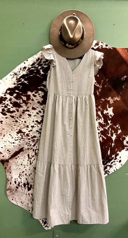 Women’s Khaki Stipe Flutter Sleeve  Button Down Maxi Dress