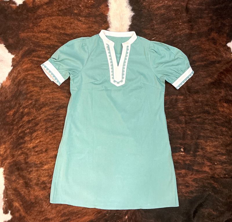 Women’s Color-Block Cotton Puff Sleeve Dress-Canton Green