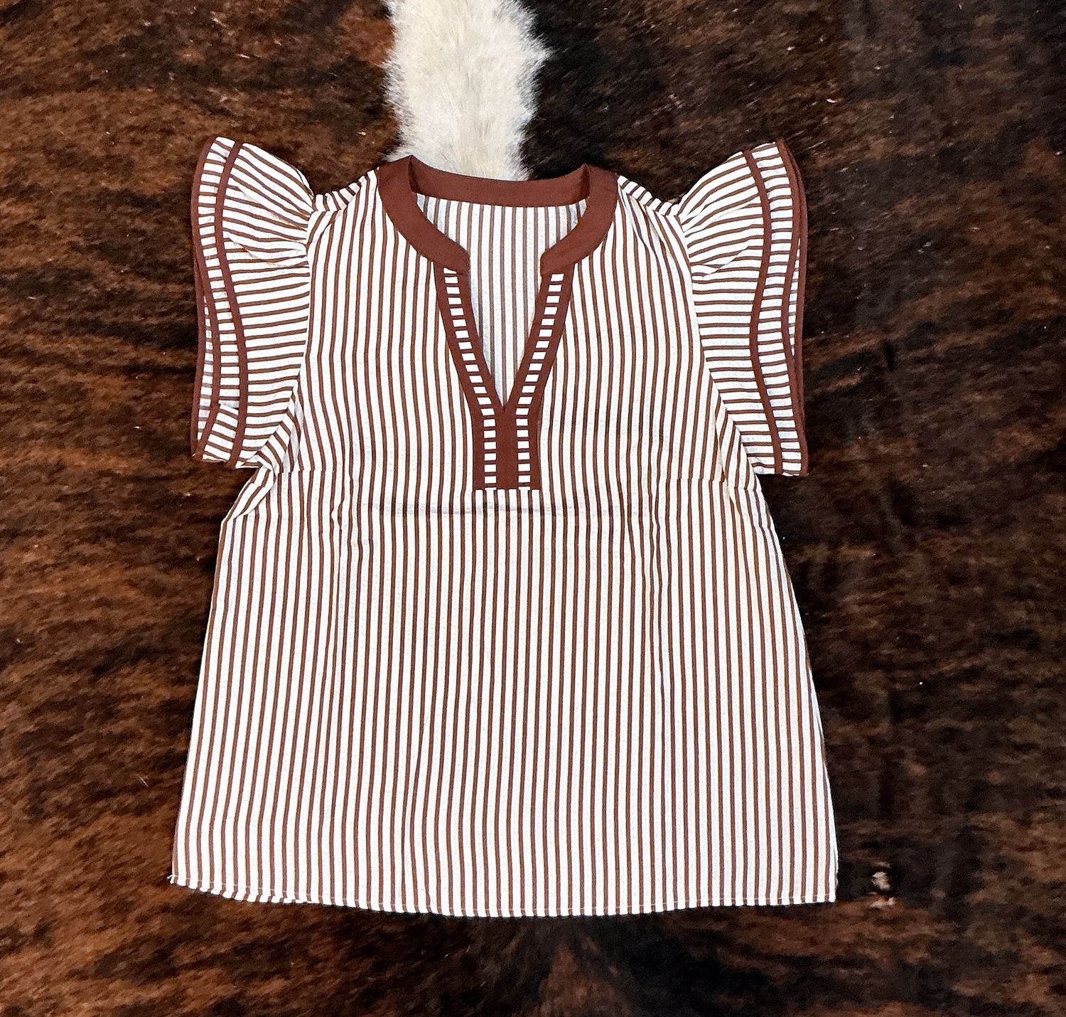 Women’s SS Ruffle Khaki Striped Top