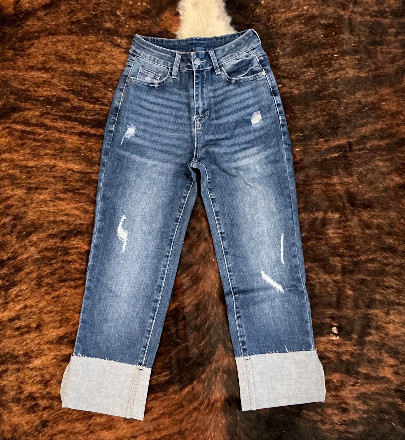 Women’s Western Folded Cuff Distressed High Waist Jeans