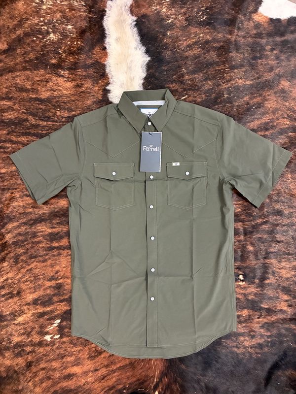 Men’s Ferrell Pearl Snap Button Down SS Shirt- Olive Green