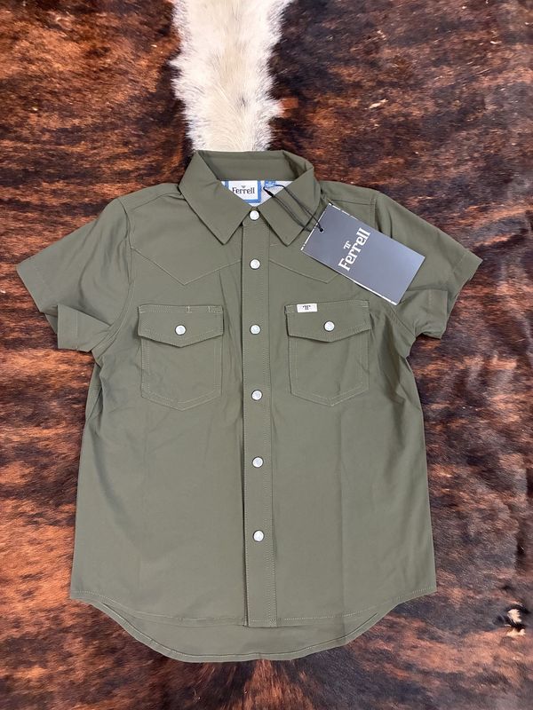 Youth Ferrell Pearl Snap Button Down SS Shirt- Olive Green