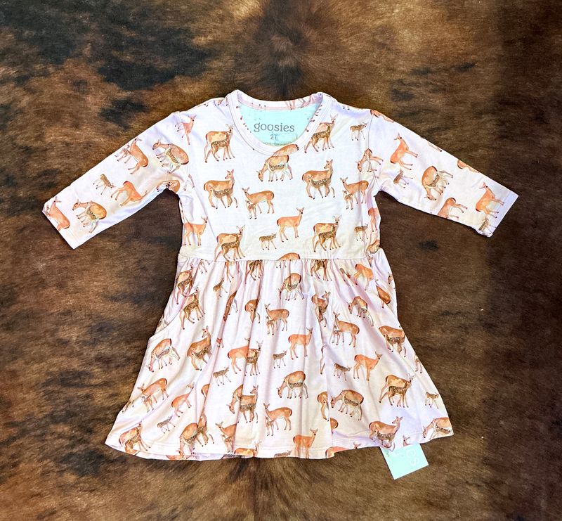 Girls 3/4 Sleeve Pocket Dress-Does and Fawns
