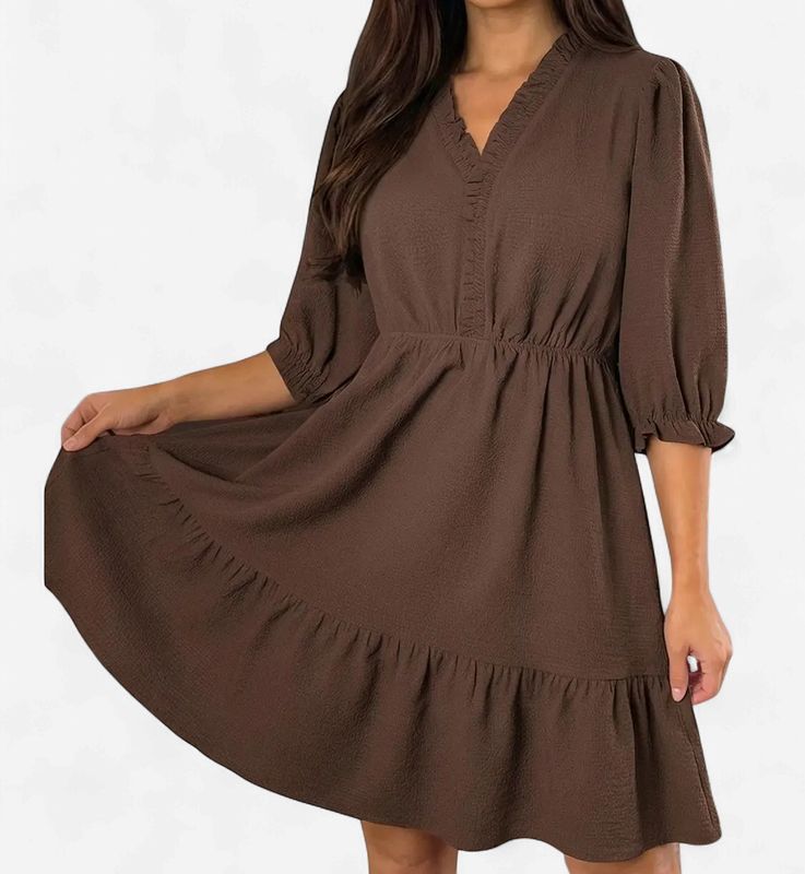 Plus Size Women's V Neck Puff Sleeve Textured Dress-Chocolate