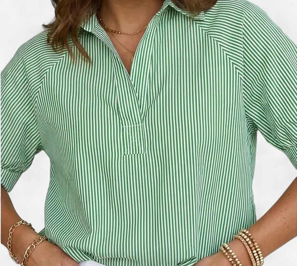 Women's Striped Print Collared Split Neck Half Sleeve Blouse