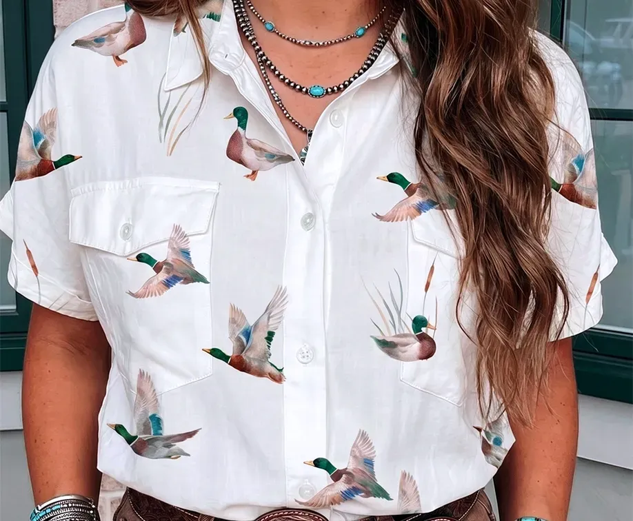 Women's Mallard Printed Button Flap Pocket Short Sleeve Shirt