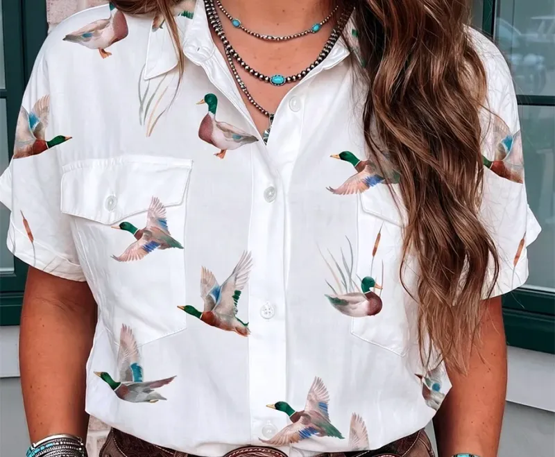 Women's Mallard Printed Button Flap Pocket Short Sleeve Shirt