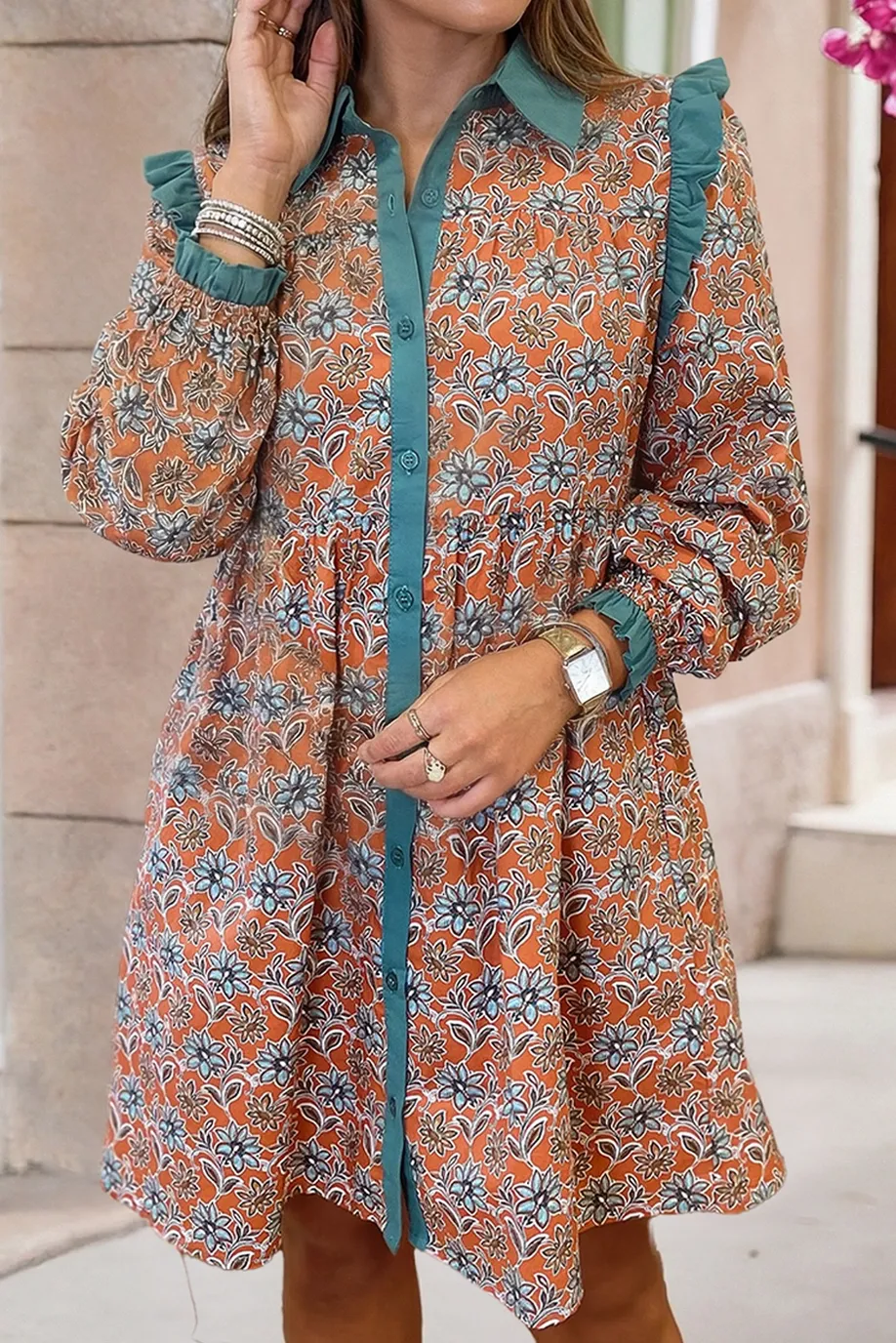 Boho Floral Contrast Collared Shirt Mini Dress