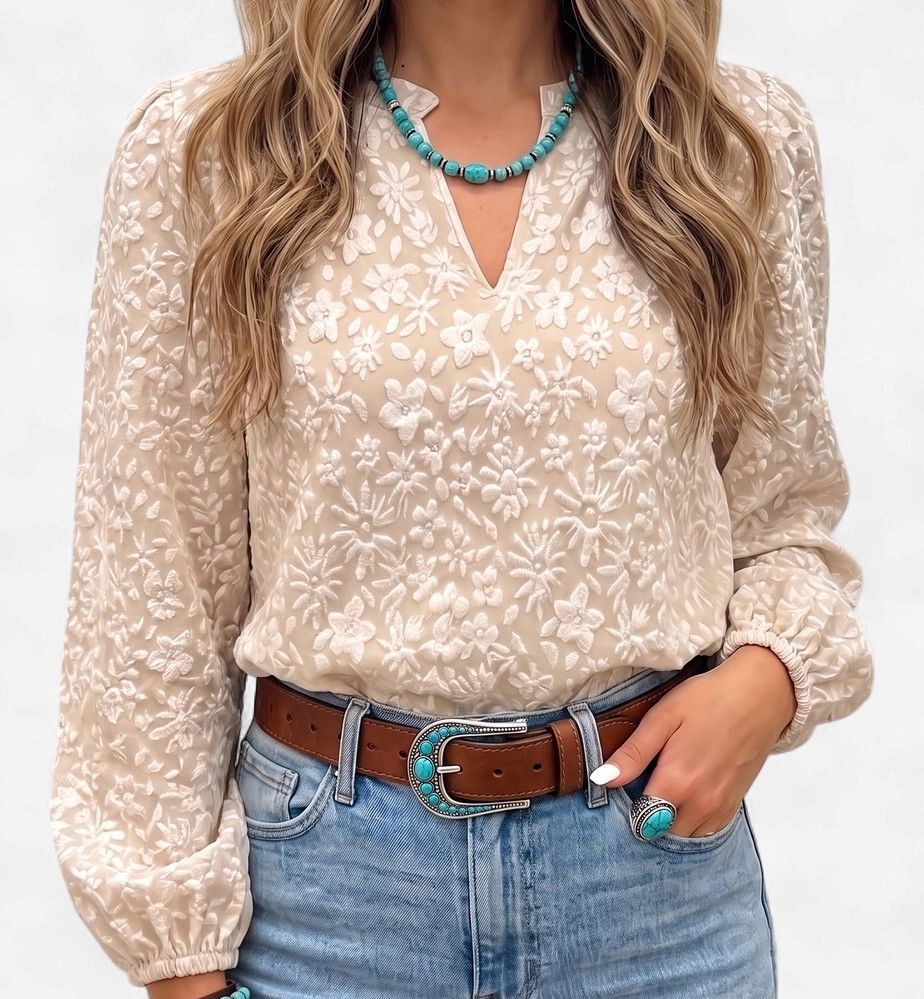 Western Floral Print Textured V Neck Blouse-Apricot