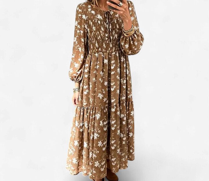 Women's Floral Print Long Sleeve Tie Shirred Detail Maxi Fall Dress