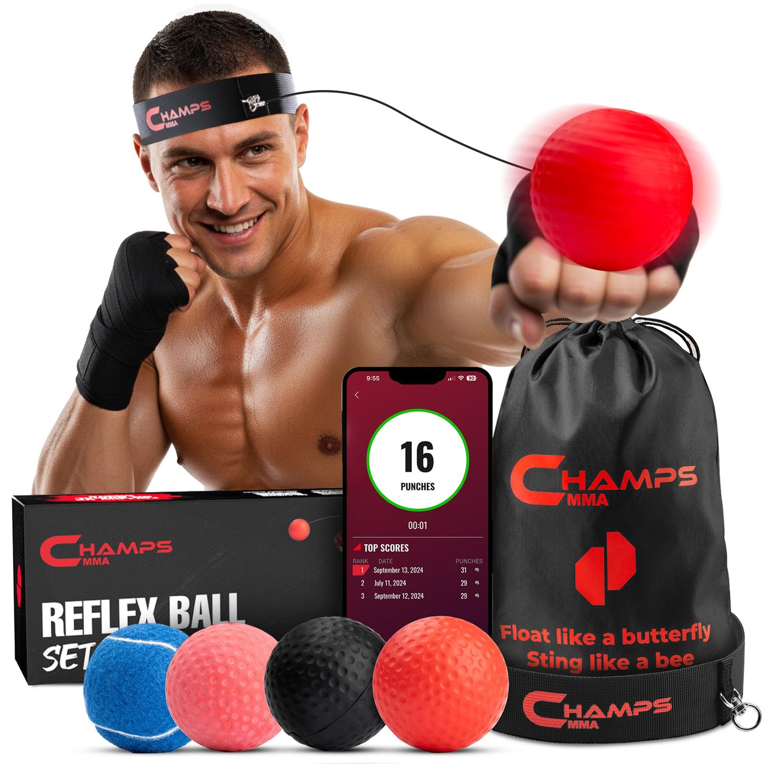 Champs MMA Boxing Reflex Ball Set with Punch Counter App | 4 Balls with Varying Weights, Headband &amp; 4 Spare Strings to Improve Speed, Hand Eye Coordination Training | Boxing Equipment, MMA Gear Gift
