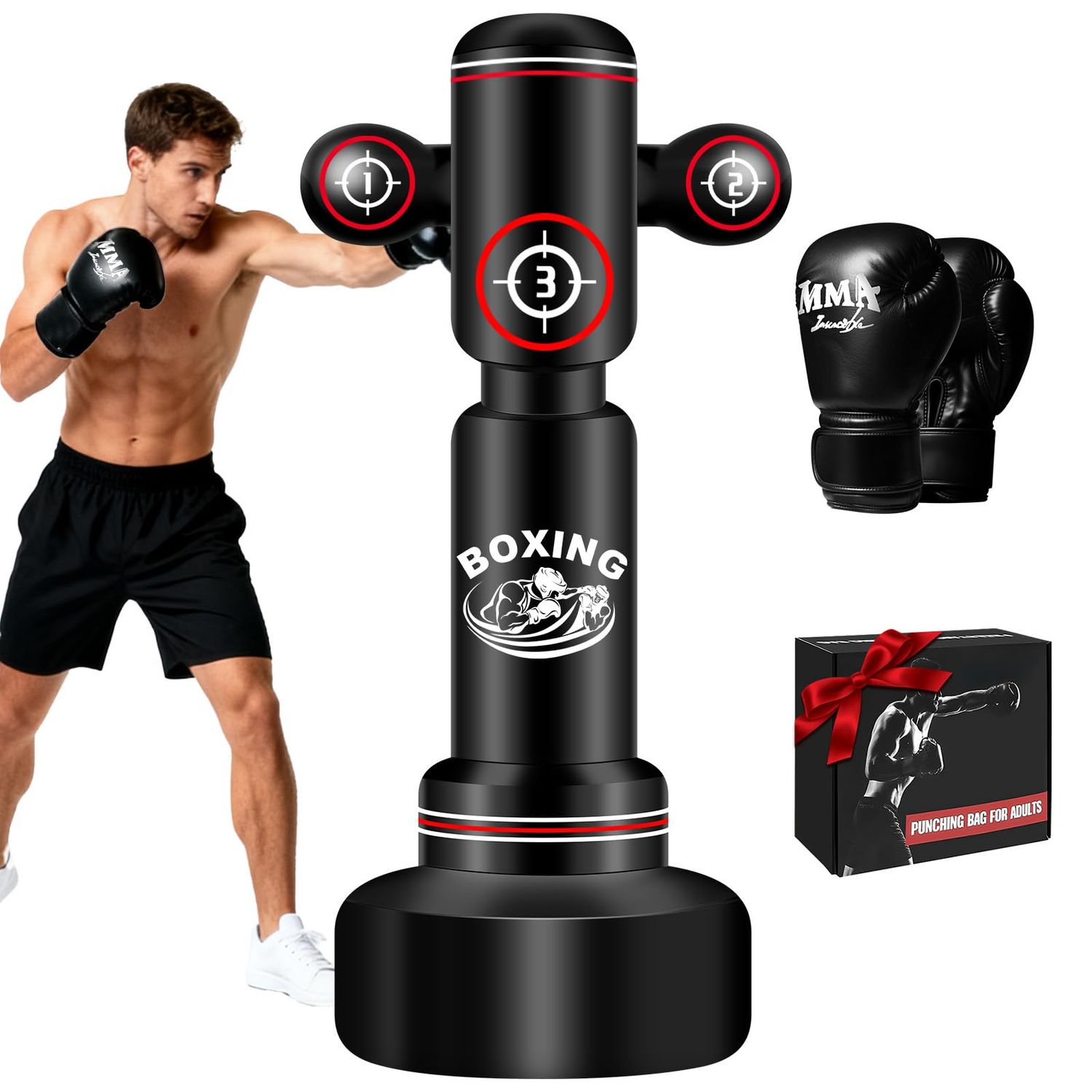 Freestanding Punching Bag with Gloves, 70'' Heavy Boxing Bag with Stand for Adult Teens, Standing Women Men Inflatable Kickboxing Bags for Beginners Training MMA Muay Thai Fitness