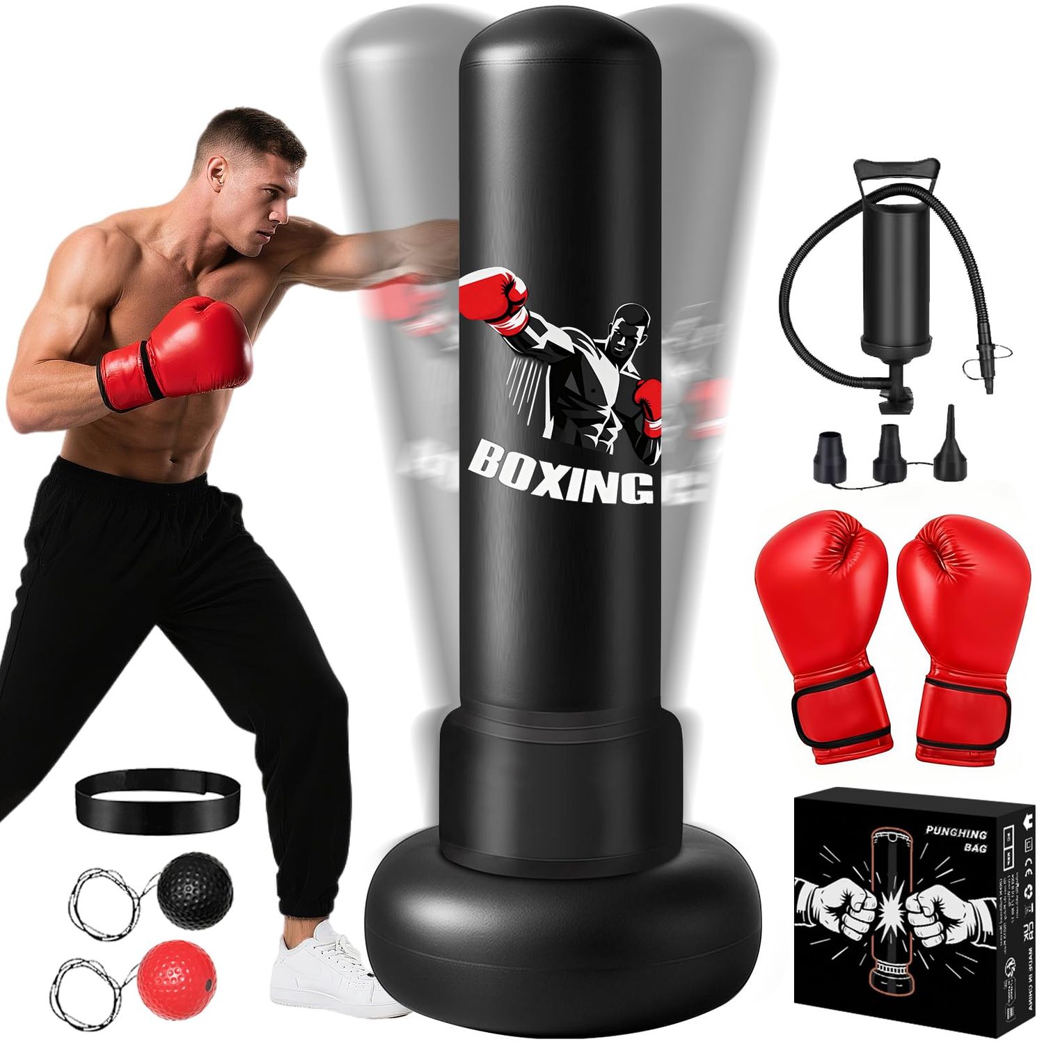Freestanding Punching Bag for Adults,70" Heavy Boxing Bag with Gloves and Pump,Men Women Stand Kickboxing Bags,Upgraded Big Base Boxing Equipment Set for Training Fitness Home Gym (Black)