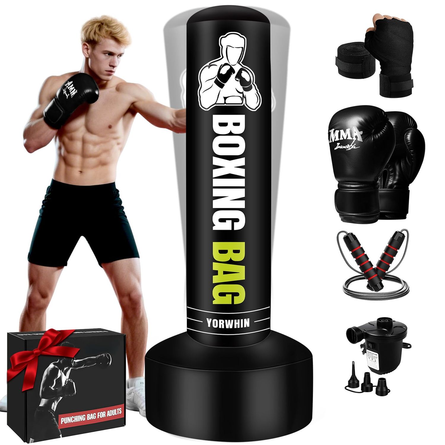 Freestanding Punching Bag for Adults Teens, 70'' Heavy Boxing Bag with Stand with Gloves, Pump and Jump Rope, Women Men Standing Kickboxing Bag for MMA Training Muay Thai Fitness Karate Home Gym