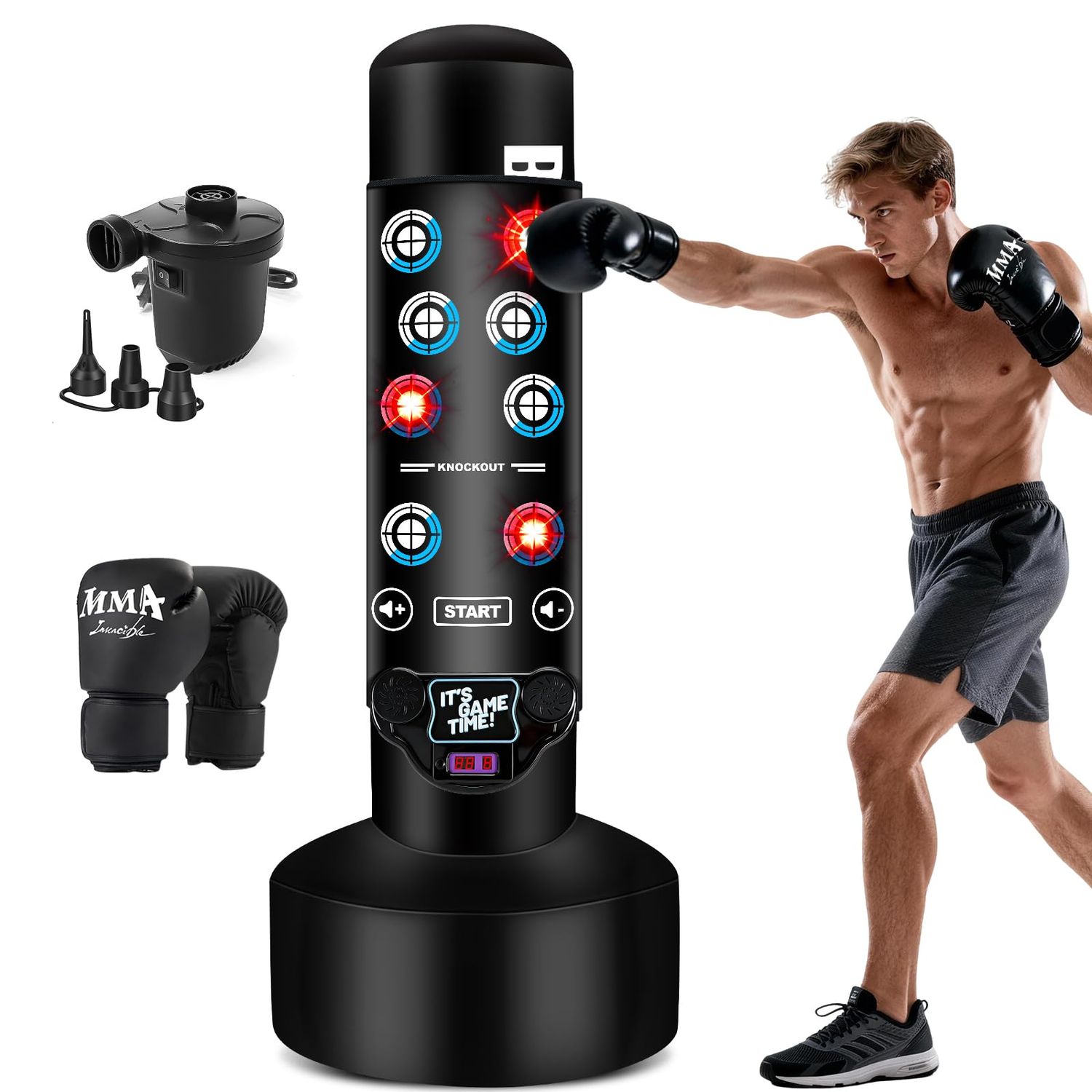 Upgraded Punching Bag for Adults with Interactive Boxing Music Mat, 69'' Boxing Bag with Scoring, Light, Music Pad, Boxing Gloves and Electric Air Pump, Kickboxing Bags for Beginners Training MMA